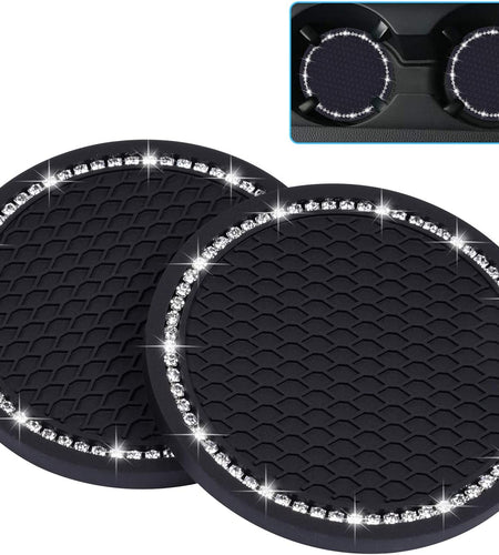 Bling Car Coasters, 2 Pack PVC Car Cup Holder Insert Coaster - anti Slip Universal Vehicle Interior Accessories Crystal Glitter Cup Mats for Women and Men(2.75" Diameter, Black)