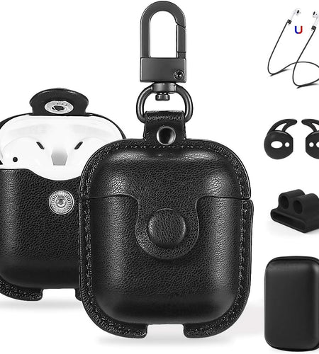 Compatible Airpods Case, Leather Airpods Cover 5 in 1 Protective Case with Keychain/Ear Hooks/Airpods Strap/Watch Band Holder/Earpods Case Compatible with Apple Airpods 2 1 Charging Case, Black